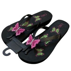 NWT Cato Black & Pink Butterfly Chunky Rubber Flip Flop Sandals